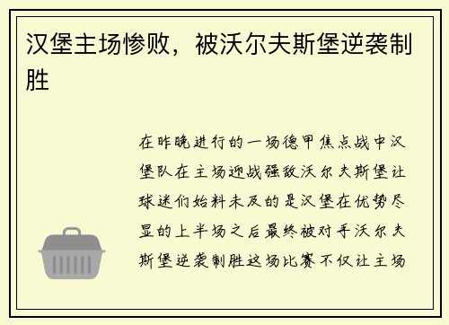 汉堡主场惨败，被沃尔夫斯堡逆袭制胜