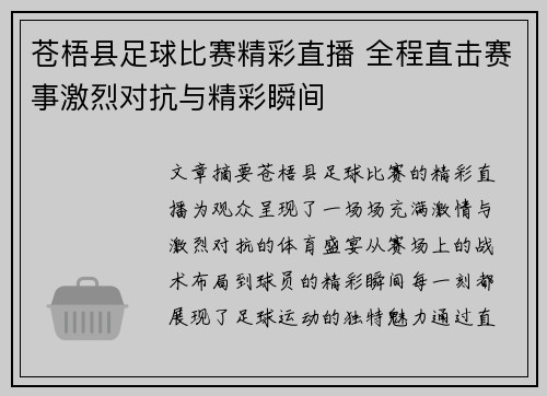 苍梧县足球比赛精彩直播 全程直击赛事激烈对抗与精彩瞬间